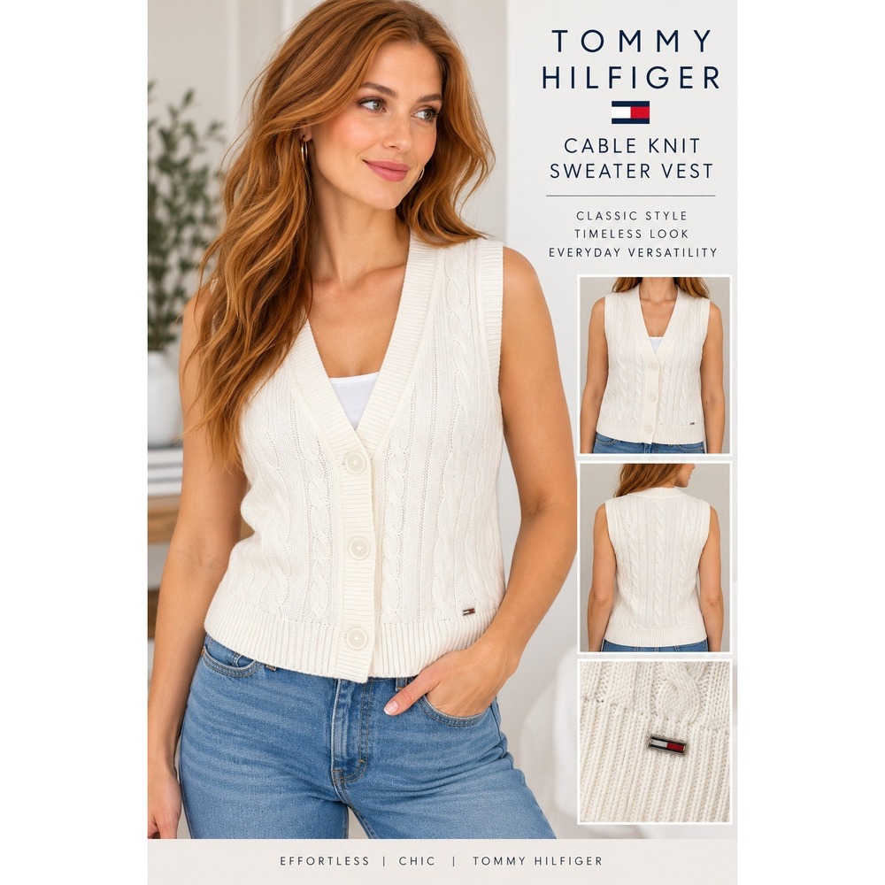 Tommy Hilfiger Womens Cable Knit Sweater Vest Cream White V-Neck Wool Blend M